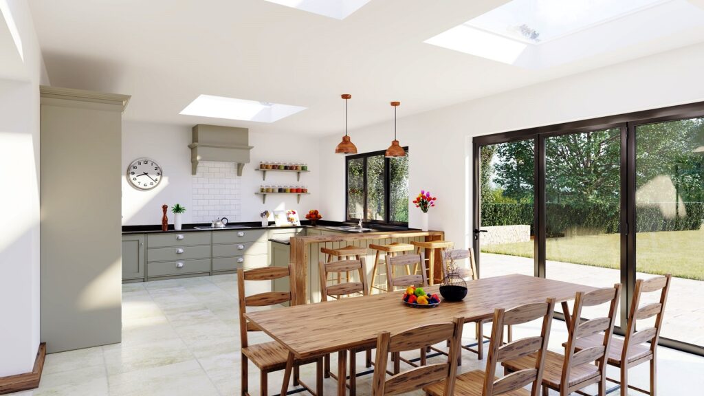 Open plan kitchen and dining room CGI