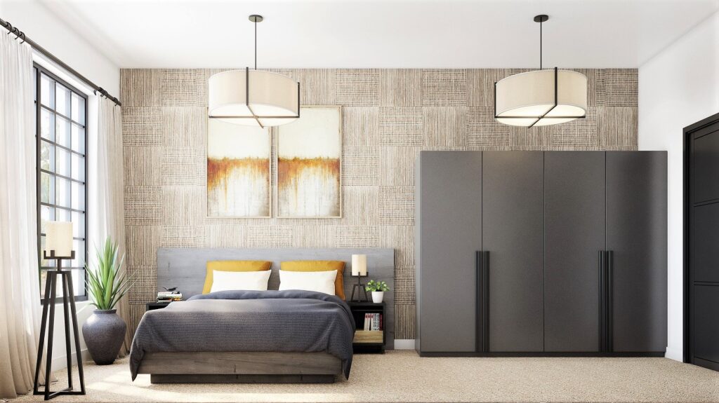 Apartment bedroom interior design CGI.