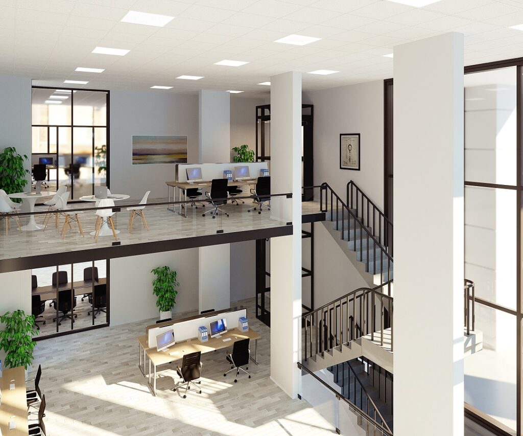 Open plan office with mezzanine floor CGI.