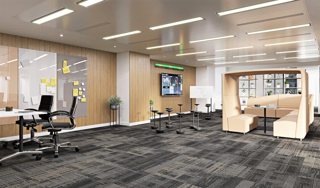 Open plan office design for finance department CGI.